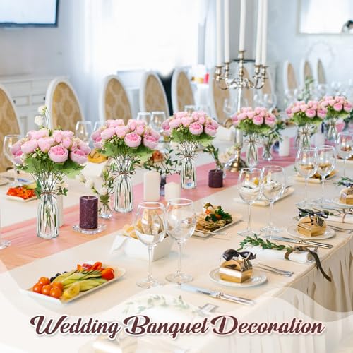 Thiccywoov 19 Pack Artificial Peony Flowers with Vase Bulk, 12 Bundles Faux Peony Bouquet 6 Vase with 1 Rope Silk Flower Arrangement Wedding Table Centerpiece for Wedding Bridal Shower(Hot Pink) - color: Hot Pink