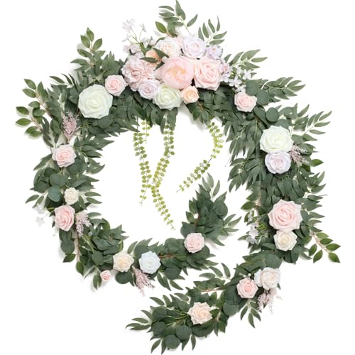 Ling's Moment 9FT Flower Garland for Backdrop Decorations - Wedding Arch Flowers, Eucalyptus & Rose, Artificial Floral Garland for Mantle - Sweetheart Table Decor for Ceremony Reception, French Pink - color: Pk-blush & Cream
