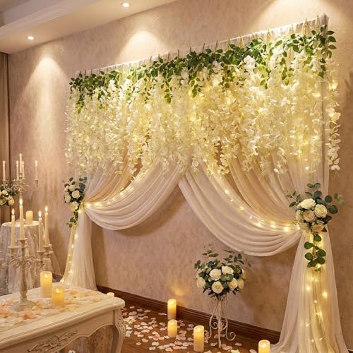 12 PCS Wisteria Hanging Flowers, 3.6ft Fake Vines Artificial Wisteria Garland Silk Flower String for Wedding Arch Garden Party Home Ceiling Wall Backdrop Tent Decoration (White) - color: White With Lights, size: 12 Pack