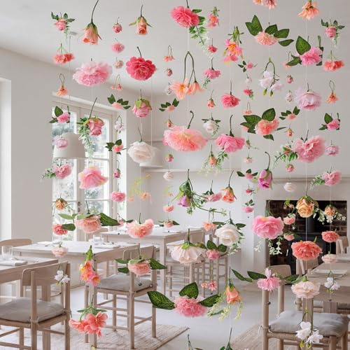 Suncalla 12 Pcs 70.8 ft Wildflower Garland Pre Strung Artificial Hanging Flower Vine Backdrop Decor from Ceiling Floating Silk Floral Garland for Garden Wedding Bridal Shower(Bright,Pink) - color: Pink, style: Bright