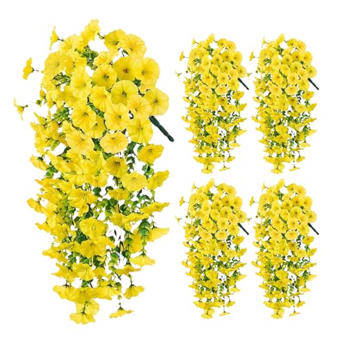 4PCs Hanging Morning Glory UV Resistant Artificial Outdoor Flowers,Faux Flowers for Planters,Hyeflora Cascading Plants Garden,Home Decor,Wedding,Patio,Porch,Yard(Yellow,2 Bunches/4Pcs) - color: Yellow, size: 2 Bunches/ 4Pcs