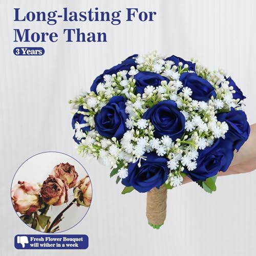 Artificial Bridesmaid Bouquets Set of 4 for Wedding-7 inch Navy Blue Flowers Bouquets for Bridesmaids, Faux Rose Gypsophila Rustic Small Floral Bouquet Fake Wedding Party Ceremony Anniversary Decor - color: Navy Blue, size: Set of 4 Bridesmaid Bouquets