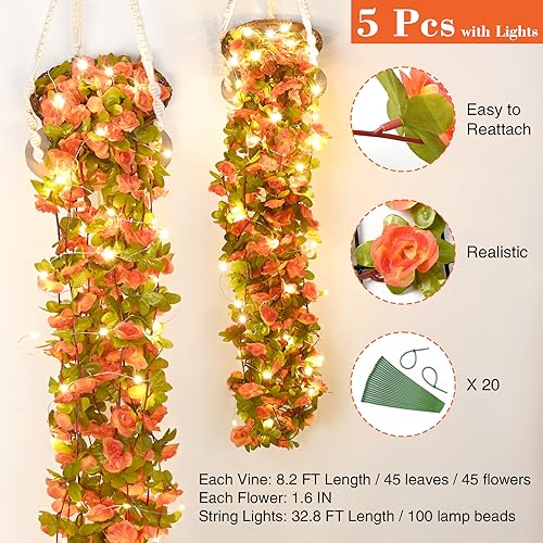 BLEUM CADE 5Pcs 41Ft Flowers Garland Artificial Rose Vines with 32.8Ft String Lights, Cute Fake Hanging Flower Vines Floral Garland Decorations for Wedding Party Wall Room Decor Aesthetic - color: Orange With Lights, size: 5 Pcs