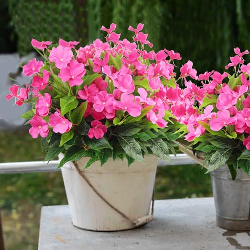 CITYES 4 Pcs Artificial Flowers Outdoor Impatiens UV Resistant Silk Impatiens Flowers Rose Red Faux Flowers Impatiens Bushes Artificial Impatiens for Pot Patio Lawn Garden Hanging Basket Porch Decor - color: Rose Red