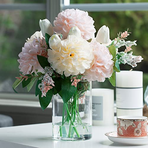 ENOVA FLORAL Artificial Tulips Flowers in Vase, Artificial Flowers Tulips Real Touch and Dahlia Silk Flower in Vase for Dining Table Decoration Wedding, Home Decor Indoor (Cream Pink) - color: T& D Cream Pink