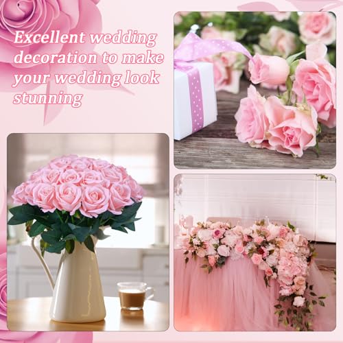 30pcs Fake Roses Artificial Silk Flowers Long Stems Bouquet for Wedding Bridal Shower Party Home Decoration (Pink) - color: Pink