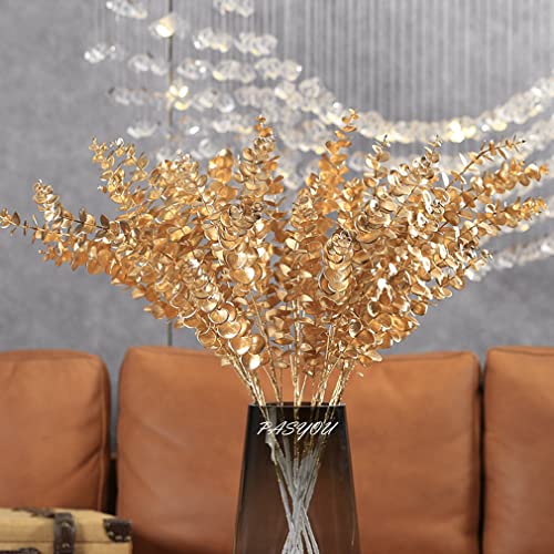 PASYOU Artificial Plants for Christmas Decor, Fake Gold Eucalyptus Plastic Grass Shrubs Leaves Indoor Outdoor Home Garden Party Hotel Wedding Event Faux DIY Decoration - 30 Inch Golden 2 Pack - color: (Tall) Gold Eucalyptus - 2 Pack