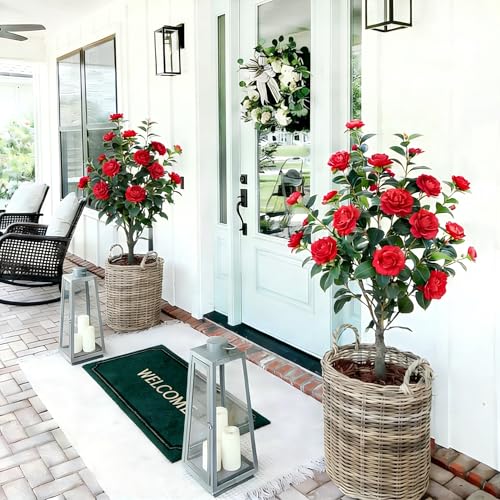 Artificial Camellia Tree 2 Pack, 3FT Faux Camellia Plant in Pot, 36 inch Fake Potted Camellia Flower Tree Plastic Camellia Tree for Modern Home Office Christmas Living Room Floor Decor Indoor, Red - style: C-Camellias (36 inch-Red)
