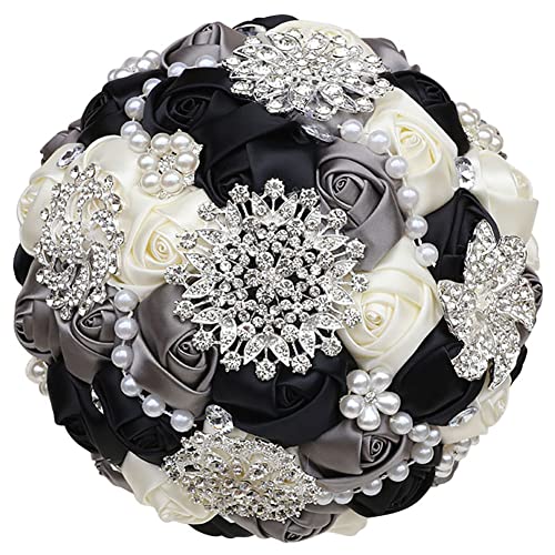 Sharebeauty 7.9 Inch Handmade Satin Rose Bridal Bouquet Toss Round Wedding Bouquet Throw Toss Artificial Flower Bunch Black + Dark Grey + Ivory - color: W3217d05 Black/Dark Grey/Ivory