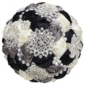 Sharebeauty 7.9 Inch Handmade Satin Rose Bridal Bouquet Toss Round Wedding Bouquet Throw Toss Artificial Flower Bunch Black + Dark Grey + Ivory - color: W3217d05 Black/Dark Grey/Ivory