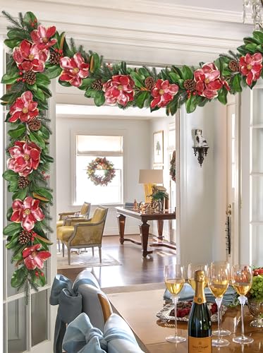 Briful 5FT Christmas Magnolia Flower Garland with Pine Cones Berries Artificial Silk Floral Vine Faux Flower Garland for Xmas Backdrop Table Wall Wedding Party Home Decor - color: Magnolia Galand