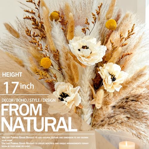 Boho Pampas Grass for Vase Filler Fluffy Natural Dried Flowers Arrangements with Bunny Tails Reeds Gold Billy Balls Artificial Peony for Home Table Farmhouse Rustic Western Wedding Decor