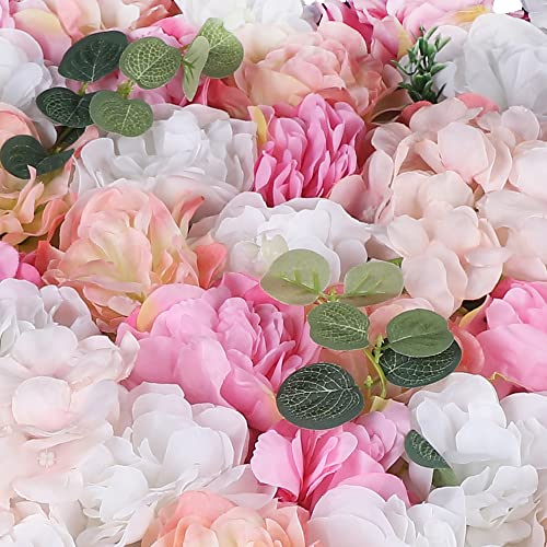 12 Pcs Artificial Flower Wall Panels 60x40cm Silk Hydrangea Wall Panel Flowers, Rose Wall Panel Artificial Flowers Wall Decor 3D Flower Wall Panel Silk Flowers - color: Champagne Powder + Eucalyptus