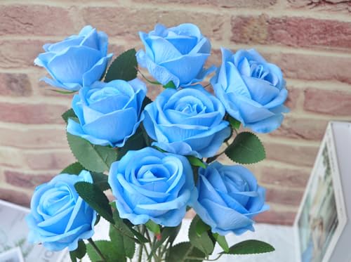 Kenpal Realistic Fake Roses Artificial Flowers with Stem for Decoration Floral Arrangement Centerpieces Wedding Bouquets (10, Sky Blue) - color: Sky Blue