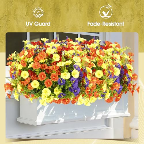 Artificial Morning Glory UV Resistant Outside 36 pcs 4 Colors Garden Artificial Flowers Outdoors, Realistic Faux Silk Morning Glory Fake Morning Glory Plants for Porch Planters Window Wedding Decor - color: Red ＆yellow ＆ Orange ＆purple（with Green Ferns）,