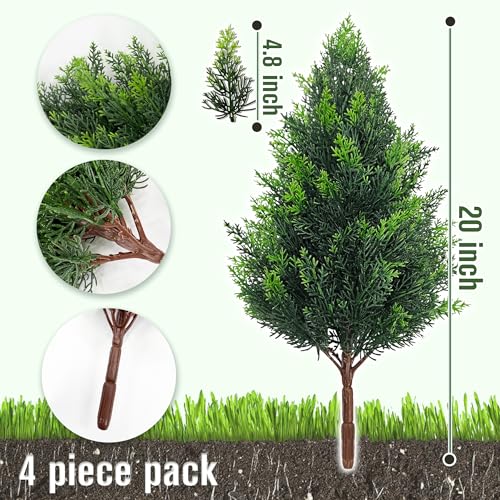 Artificial Cedar Topiary Plants: 20 Inch (4P) UV Resistant Faux Pine Stems Shrubs Plastic Greenery for Outdoor Indoor Home Decor, Garden, Front Porch, Office, Restaurant & Holiday Party