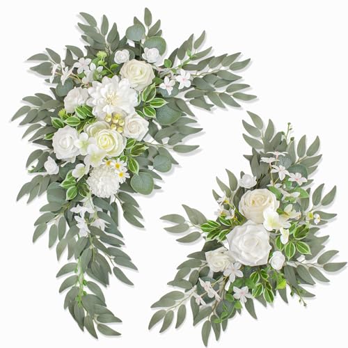 Wedding Welcome Signs Floral(Pack of 2)，Wedding Arch Flowers for Wedding Decorations and Reception Backdrop Decoration (New White) - color: New White