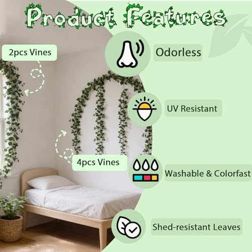 ucky 2pack Total12FT Artificial Ivy Artificial Vines Artificial Plants Fake Hanging Plants Silk for Garden Terrace Beach Party Decoration Wedding Decoration （Green） - color: Green