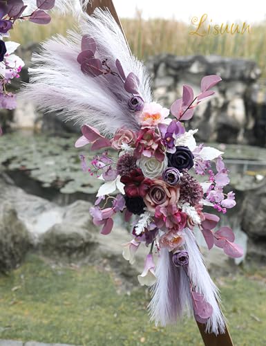 Lisuun Wedding Arch Flowers, Artificial Flowers for Decoration, Large Flower Swag for Boho Styles Wedding Ceremony Floral Decor - Pack of 2 - color: Purple&pampas White