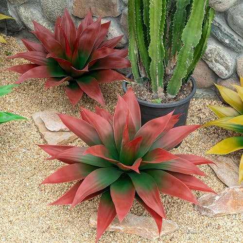 Ttranewsoo Artificial Agave Plants,Large UV Resistant Fake Agave Planters for Indoor and Outdoor Decorating Tropical Plant Succulents Greenery Indoor Decor (2Pack,18" Red) - color: Wine Red