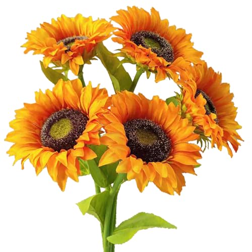 5pcs Artificial Sunflowers Vintage Fake Silk Sunflowers Fake Sunflowers Bouquet Large Sunflowers Decor for Home Hotel Office Wedding Party Garden(Orange) - color: Orange