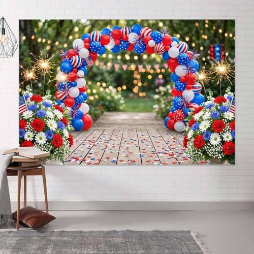 4th of July Independence Day Backdrop, Patriotic Red White and Blue Balloon Arch Flowers Photography Background, Memorial Day Party Photo Veterans Day Patriot Decorative Banner Booth Studio 5X3FT - color: Blue and Red, size: 5X3FT