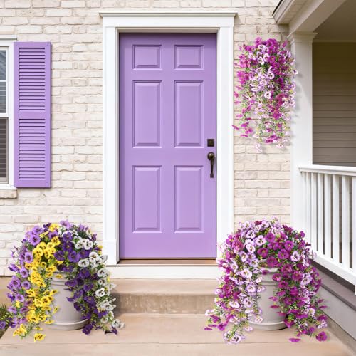 Fake Artificial Flowers for Outdoors, 4 Pcs Faux Hanging Pansy Flowers Spring Summer Decor, UV Resistant Fake Plants Silk Flower for Planter Front Door Porch Patio Yard Garden(Gradient Purple Red) - color: Gradient Purple Red
