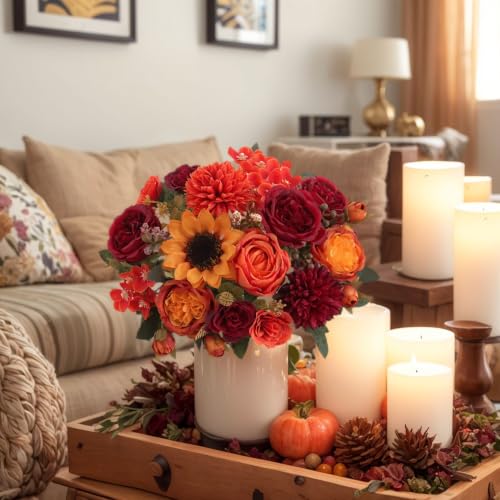 4 Pcs Mixed Autumn Artificial Peony Flower Set-2 Bouquets & 2 Stems, Burnt Orange Wine Red Fake Peony Sunflower Silk Flower for Fall Table Centerpiece Farm Wedding Thanksgiving Halloween Home Decor - color: Burnt Orange & Burgundy, size: Mixed 4pcs