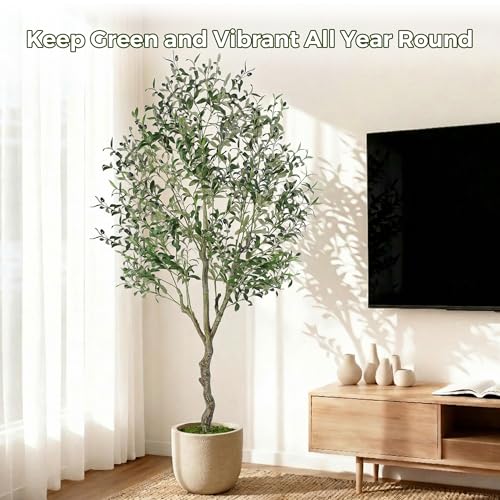 Jocoevol Olive Tree Artificial Indoor 6FT，Tall Faux Olive Tree with White Planter，Realistic Artificial Olive Tree Indoor with Natural Trunk and Lifelike Fruits for Home Office Living Room - size: 6ft