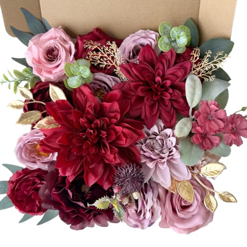 Burgundy Maroon Artificial Silk Flowers Mauve Roses Dark Red Peonies Combo Box DIY Wedding Bouquets Bridal Shower Cake Decor Gothic Centerpieces Fake Floral Arrangements Party Tables - color: Burgundy, Maroon