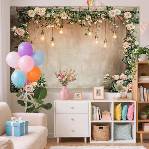 5x4ft Country Wedding Photography Backdrop Floral Rustic Roses Farmhouse Wooden Door Backdrop Pink Flower Birthday Baby Shower Wedding Bridal Party Banner Photo Booth Props Anniversary Background - color: Multi5, size: 5X4FT