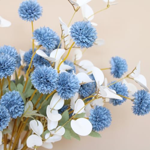 Faux Dusty Blue Flowers, Blue and White Floral Stems For Centerpieces, Fake Mums Artificial Flowers, Flores Azules Artificiales Para Decoracion, Long Stems For Vases, DIY Silk Floral Arrangements - color: Blue