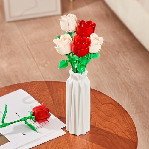 Rose Flower Bouquet Building Set: Artificial Flowers Botanical Collection Blocks Kit for Women Girls Wife Adults Home Decor Thanksgiving Christmas Mother's Day Valentine's Gifts 6-Pack - color: 3 Red & 3 White