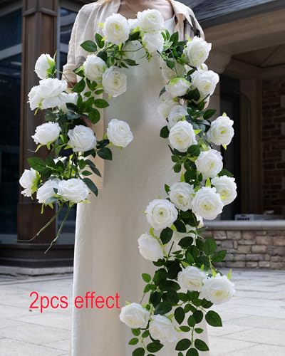 Bendable Artificial Flower Garland Faux Rose Vine Hanging Floral Garland for Wall Decor Trellis Fence Home Room Garden Wedding Decoration(White, 1pcs) - color: White, size: 1pcs
