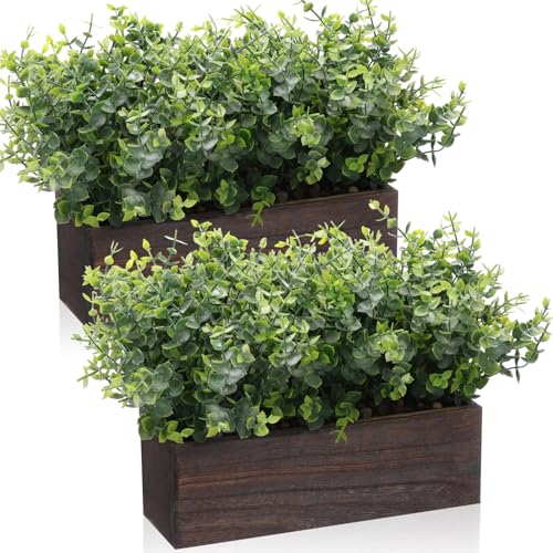 Lyrow 2 Pack Artificial Eucalyptus Plant in Rustic Rectangular Wooden Planter Box Greenery Faux Potted Herb Plant for Indoor Wedding Table Centerpiece(Green,11.4 x 3.7 x 7.8 Inches,Retro Style) - color: Brown, size: 11.4 Inch, style: White Frosted Pointed