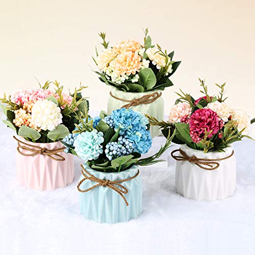 SUPNIU Artificial Hydrangea Bouquet with Small Ceramic Vase Fake Silk Variety Flower Balls Flowers Decoration for Table Home Party Office Wedding (Blue) - color: Blue