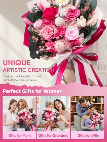 Bessol Flowers for Delivery Preserved Flower Bouquet Forever Fresh Flowers Birthday Gifts for Women Mom Anniversary Red Real Rose Gifts for Grandma Wife Girlfriend Sister Her from Daughter - color: Pink Preserved Flower Bouquet, size: Large