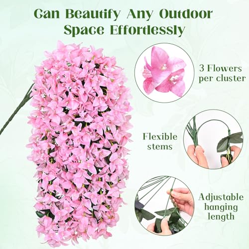 2 Pcs UV Resistant Artificial Flowers for Outdoors, Realistic Faux Silk Bougainvillea Flowers, Fake Hanging Plants for Porch Patio Balcony Decoration (Pink) - color: Pink, size: 2 Pcs