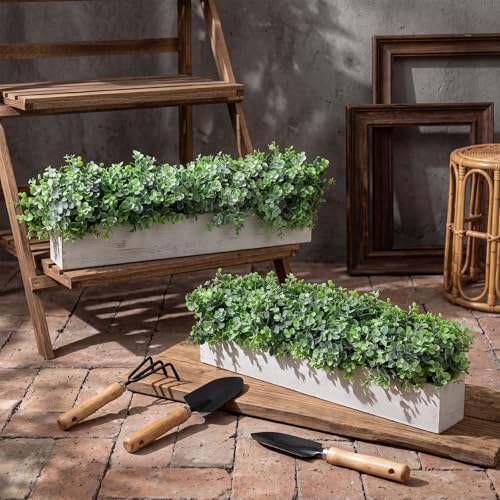 Lyrow 2 Pack Artificial Eucalyptus Plant in Rustic Rectangular Wooden Planter Box Greenery Faux Potted Herb Plant for Indoor Wedding Table Centerpiece(Emerald,24 x 3.7 x 3.7 Inches,Classic Style) - color: White, size: 24 Inch, style: White Powdered Round