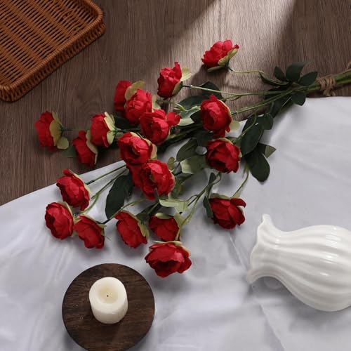 6 Pcs 32" Large Red Artificial Peonies Stems Flowers, Real Look Faux Silk Peony Bouquet 42 Heads Total for Vase Filler, Farmhouse Rustic Neutral Home Decor, Wedding Centerpieces - color: Red