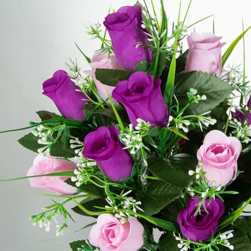 XONOR 2 Sets Artificial Cemetery Flowers, Grave Decorations Roses, Memorial Flowers Bouquet with Vase for Grave Cemetery Decoration (Purple&Pink) - color: Purple&pink