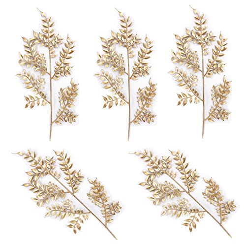 Gold Leaves Decorations for Christmas Artificial Golden Plants Fake Leaf - 17 Inch 5 Pack, Faux Foliage Simulation Flowers Grass Xmas Decor Plant Bushes Indoor Outdoor Wedding Table Centerpiece DIY - color: Gold Foliage - 5 Pcs