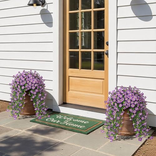 VIERENA 4 Bundles Artificial Hanging Morning Glory Flowers for Outdoor, Realistic Hanging Flowers Silk Fake Morning Glory with Faux Eucalyptus for Yard Garden Porch Patio Balcony Home Decor (Purple) - color: Purple