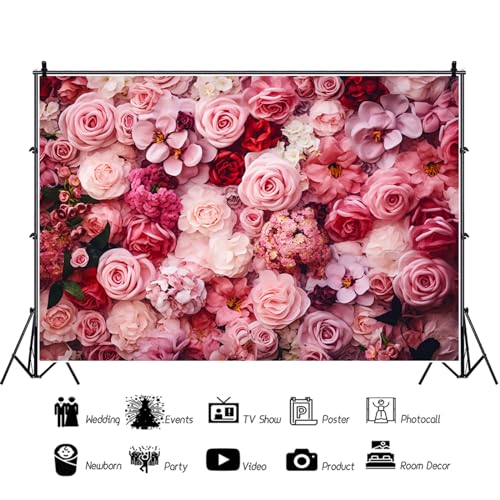 10x8ft Flower Backdrop Pink Red Rose Flowers Floral Wall Photography Background Birthday Baby Shower Wedding Party Banner Decorations Supplies Photo Booth Props - size: 10x8ft