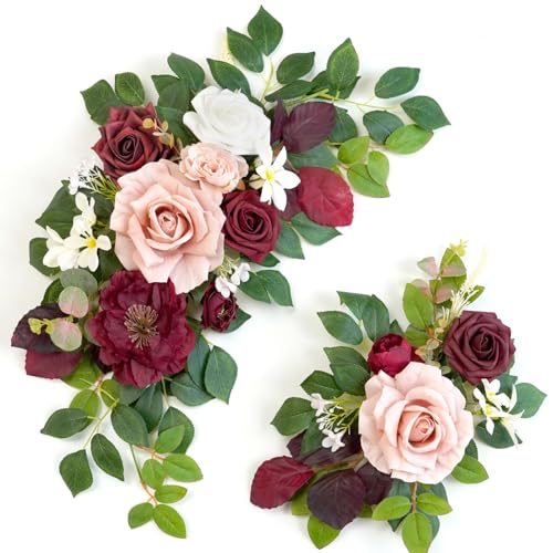 Wedding Decor (Pack of 2) Welcome Sign Flower Backdrop Garland for Ceremony Reception Wall Easel Home Decoration Entryway Faux Outdoor Board Head Table Decor (Burgundy & Dusty Rose) - color: Burgundy & Dusty Rose