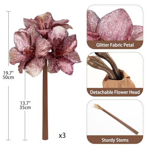 Briful Amaryllis Artificial Christmas Flower Stems, 19.7" Pink Glitter Faux Amaryllis with Detachable Heads for Xmas Home Party Wedding Bouquet Vase Arrangement Decor - color: Rose Gold