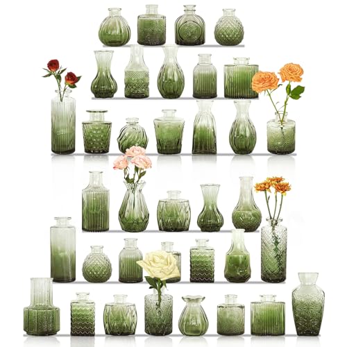 36Pcs Bud Vases Set Small Vintage Glass Bottles Bud Vases in Bulk Multiple Shape Cute Glass Vases for Rustic Wedding Centerpieces Table Decorations and Home Decor(Green) - color: Green