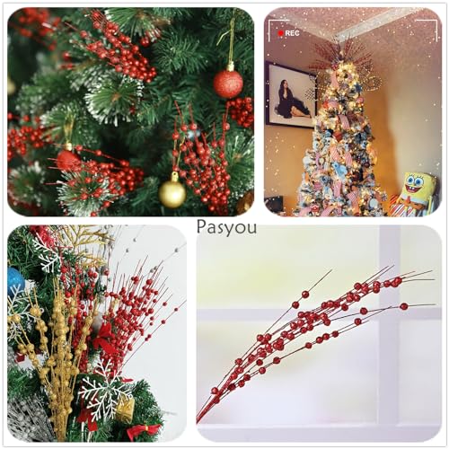 PASYOU Artificial Glitter Berry Stem Ornaments, Bright Berries Decorative Bead Sticks Glittery Twigs Picks Branches for Home Christmas Tree Holiday Wedding Party Vase Decor 17 Inch Red 10 Pack - color: Glitter Berry Sticks - Red 10 Pack