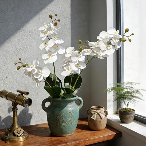 2 Branches Artificial White Phaleanopsis Flowers Faux Orchids Stems Leaves Plants for Home Bonsai Garden Decoration (White)