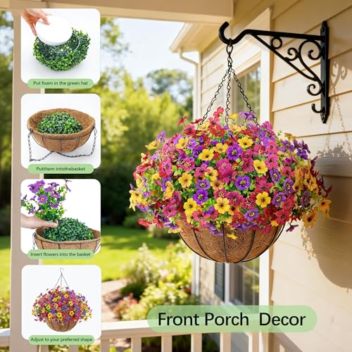 Der Rose 2 Pack Artificial Hanging Flowers Basket for Outdoors Fake Hanging Plants Spring Summer Decoration UV Resistant for Garden Front Porch Patio Balcony Decor - color: Multi-color-b